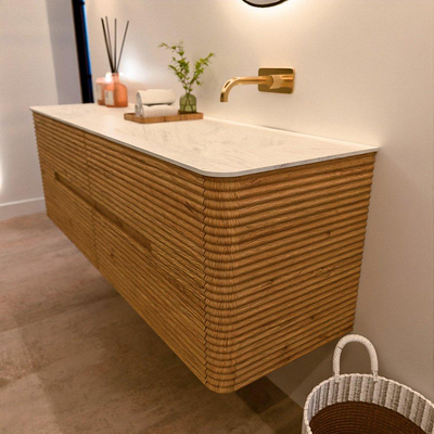 Mondiaz CIRO-DLUX Badkamermeubelset - 150x45x50cm - Solid surface wastafel Opalo - 1 wasbak Rechts - zonder kraangaten - 4 lades - Oak
