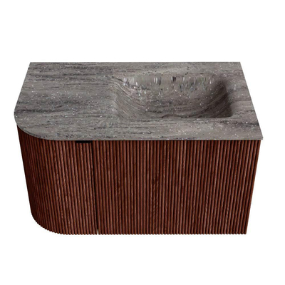 MONDIAZ KURVE-DLUX 75cm badmeubel ronding Links kleur Ruby met 1 lade en 1 deur. Wastafel GRUNNE Rechts zonder kraangat Oza.