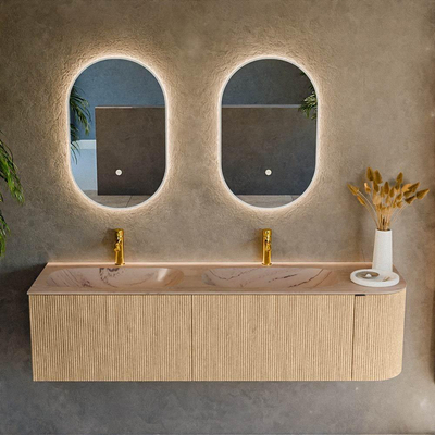 MONDIAZ KURVE-DLUX 165cm badmeubel ronding Rechts kleur Oak met 2 lades en 1 deur. Wastafel STOR SMALL Dubbel / Links 2 kraangaten Arena.