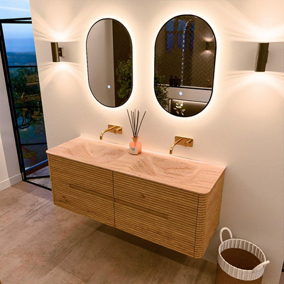 Mondiaz CIRO-DLUX Badkamermeubelset - 140x45x50cm - Solid surface wastafel Saba - 2 wasbak Dubbel - zonder kraangaten - 4 lades - Oak