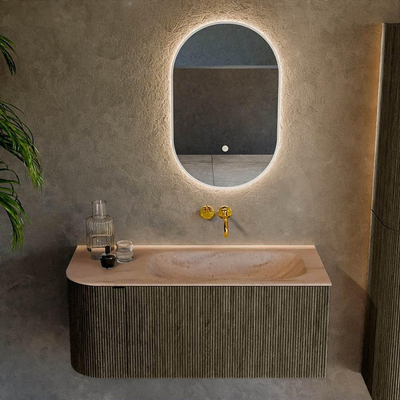 MONDIAZ KURVE-DLUX Meuble de salle de bains 105cm arrondi à gauche couleur Shadow avec 1 tiroir et 1 porte. Vasque BIG SMALL à droite sans trou de robinet Saba.