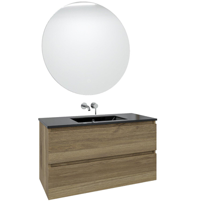 Saniclass Chaci Badkamermeubelset - 100x46x55cm - keramische wastafel zwart - 1 wasbak - zonder kraangaten - 2 lades - ronde spiegel met verlichting - eiken