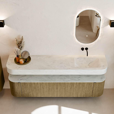 MONDIAZ THOR-DLUX Meuble de salle de bains - 190cm - arrondi gauche + droite - couleur Dusk - 2 tiroirs et 2 portes - Vasque suspendue CLOUD Droite sans trou de robinet - couleur Opalo