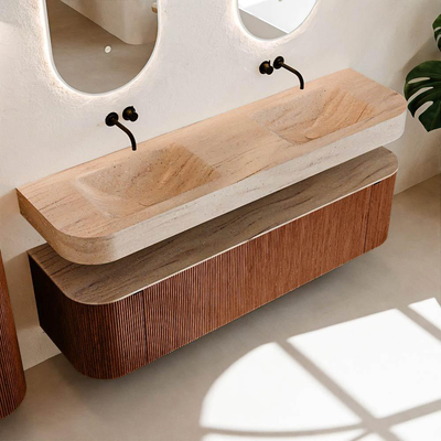 MONDIAZ THOR-DLUX 170cm meuble de salle de bains arrondi gauche + droite couleur Ruby avec 1 tiroir et 2 portes. Vasque suspendue CLOUD Double sans trou de robinet couleur Saba.