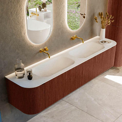 Ensemble de meuble de salle de bain Mondiaz KURVE - 200x46x40cm - 2 tiroirs - 2 portes - lavabo en solid surface - double - sans trou de robinet - Ruby