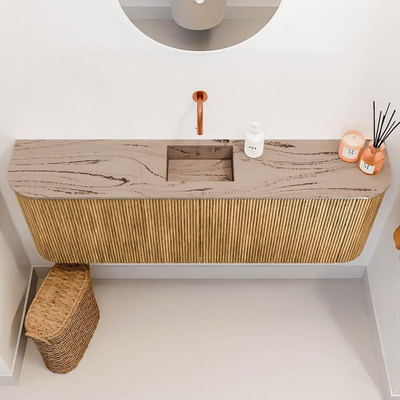 Mondiaz JOYA-DLUX 123.2cm toiletmeubel - ronding links en rechts kleur Oak - Wastafel FAYE positie Midden Zonder kraangat kleur Arena.