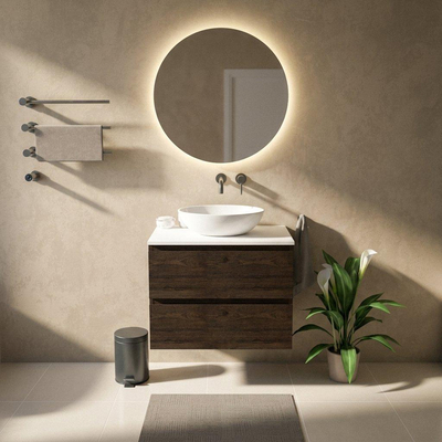 Saniclass Holz Pure Ensemble de meuble de salle de bains - 80x45x62.5cm - Plan de toilette Torino en solid surface blanc - sans trou de robinet - 2 tiroirs - chêne charcoal mat (bois)