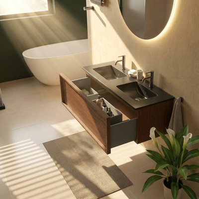 Saniclass Holz Frame Ensemble meuble de salle de bains - 120x45x42cm - Lavabo Vygo en céramique noir - 2 vasques - 2 trous de robinetterie - 1 tiroir - walnut pure mat (bois)