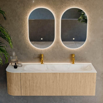 MONDIAZ KURVE-DLUX 145cm Meuble salle de bain avec module 25 G - couleur Oak - 1 tiroir - 1 porte - vasque BIG LARGE droite - 2 trous de robinet - couleur Ostra