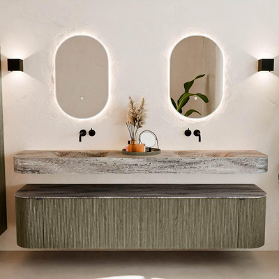 MONDIAZ THOR-DLUX 200cm meuble de salle de bains arrondi gauche + droite couleur Shadow avec 2 tiroirs et 2 portes. Vasque suspendue CLOUD Double sans trou de robinet couleur Oza.