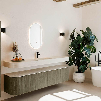 MONDIAZ THOR-DLUX 200cm meuble de salle de bains arrondi gauche + droite couleur Shadow avec 2 tiroirs et 2 portes. Vasque suspendue CLOUD Milieu 1 trou de robinet couleur Meli.