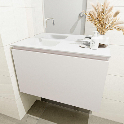 MONDIAZ OLAN Toiletmeubel 80x30x40cm met 0 kraangaten 1 lades linen mat Wastafel Lex links Solid Surface Wit