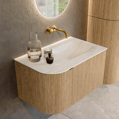 MONDIAZ KURVE-DLUX Meuble de salle de bains 75 cm avec module 25 L couleur Oak avec 1 tiroir et 1 porte. Lavabo GRUNNE droit sans trou de robinet couleur Ostra.