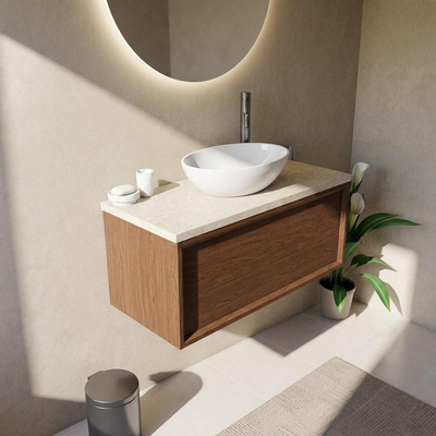 Saniclass Holz Frame Ensemble de meubles de salle de bains - 100x45x43cm - Plan de toilette en pierre naturelle travertin - 1 trou de robinet - 1 tiroir - walnut pure mat (bois)