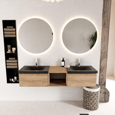 MONDIAZ BUKLA 160cm meuble de salle de bain avec module ouvert 40 couleur Chêne blanchi avec 2 tiroirs. Lavabo CLOUD double 2 trous de robinet couleur Urbain.