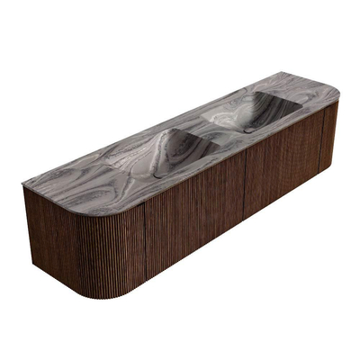 MONDIAZ KURVE-DLUX Meuble de salle de bains 180cm arrondi Gauche + Droite couleur Walnut avec 2 tiroirs et 2 portes. Plan-vasque LEAF Double sans trou de robinetterie Sombra.