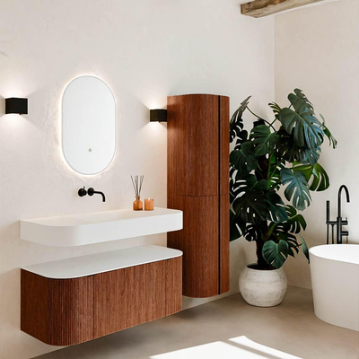 MONDIAZ THOR Meuble de salle de bains 110cm arrondi gauche + droite couleur Ruby avec 1 tiroir et 2 portes. Vasque suspendue CLOUD Milieu sans trou de robinet couleur Talc.