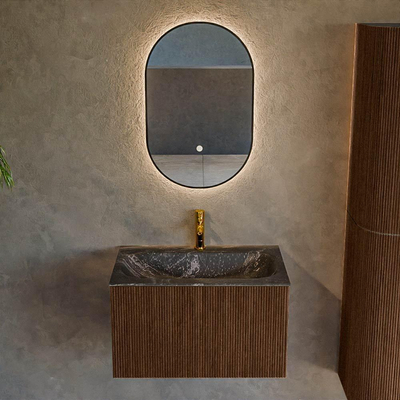 MONDIAZ KURVE-DLUX 70cm badmeubel kleur Walnut met 1 lade. Wastafel BIG SMALL midden 1 kraangat kleur Lava.