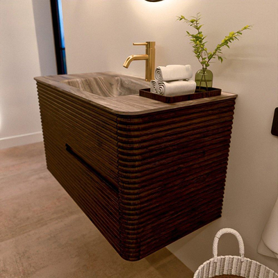 Mondiaz CIRO-DLUX Badkamermeubelset - 90x45x50cm - Solid surface wastafel Sombra - 1 wasbak Midden - 1 kraangat - 2 lades - Walnut