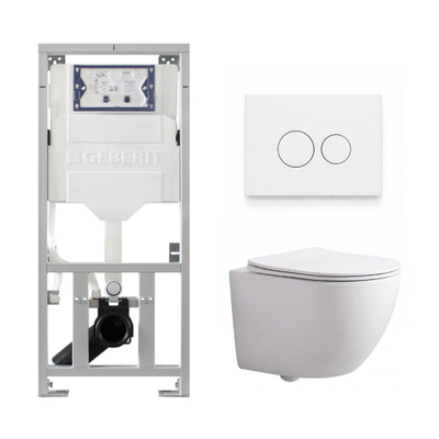 Pack WC QeramiQ Dely Swirl Compact - réservoir encastrable Geberit UP320 - avec bâti-support Burda - abattant slim - plaque de commande en métal blanc mat - boutons ronds - blanc brillant