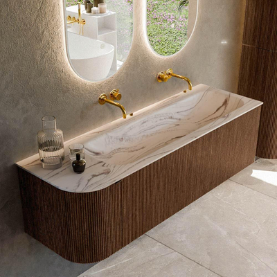 MONDIAZ KURVE-DLUX 145cm badmeubel ronding Links kleur Walnut met 1 lade en 1 deur. Wastafel BIG LARGE Rechts zonder kraangat Nata.