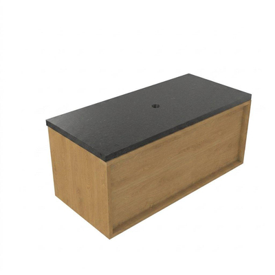 Saniclass Holz Frame Ensemble meuble de salle de bains - 100x45x43cm - plan vasque en basalte Noche poli (noir) - sans trou de robinet - 1 tiroir - chêne natural mat (bois)