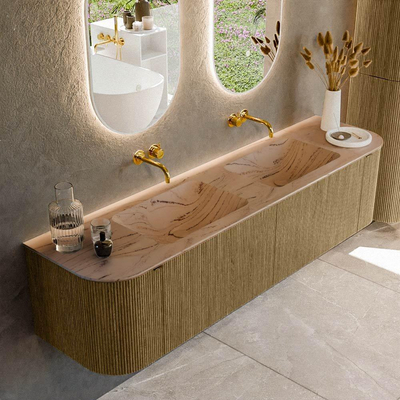 MONDIAZ KURVE-DLUX Meuble de salle de bains 180cm arrondi Gauche + Droite couleur Dusk avec 2 tiroirs et 2 portes. Lavabo LEAF Double sans trou de robinet Arena.