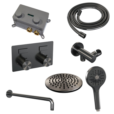 BRAUER gunmetal Edition Douche de pluie thermostatique encastrée - boutons-poussoirs - SET 57 - tête de douche 20cm - bras mural courbé - douchette 3 jets - flexible de douche - coude mural - gunmetal brossé PVD