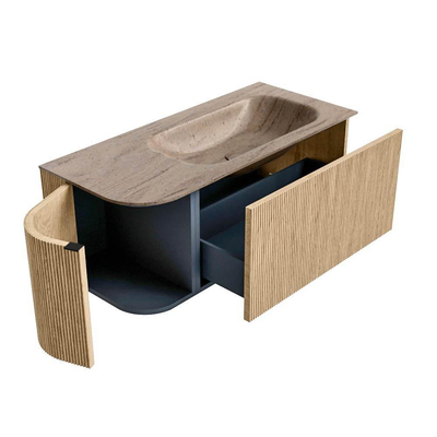 MONDIAZ KURVE-DLUX 105cm badmeubel ronding Links kleur Oak met 1 lade en 1 deur. Wastafel BIG SMALL Rechts zonder kraangat Saba.