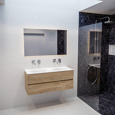 ENSEMBLE DE MEUBLE MONDIAZ VICA - 120cm - 2 tiroirs - lavabo Moon double - 0 trou de robinet - solid surface chêne blanchi