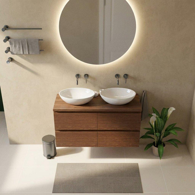 Saniclass Holz Pure Ensemble de meubles de salle de bains - 120x45x63cm - Plan de travail en pierre naturelle travertin - sans trou de robinet - 4 tiroirs - walnut pure mat (bois)