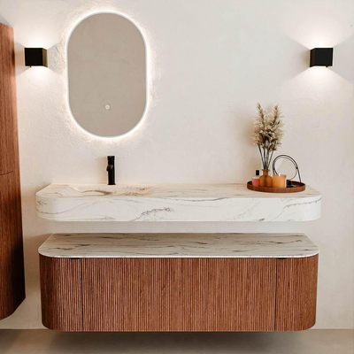 MONDIAZ THOR-DLUX 150cm meuble de salle de bains arrondi gauche + droite couleur Ruby avec 1 tiroir et 2 portes. Vasque suspendue CLOUD Gauche 1 trou de robinet couleur Nata.