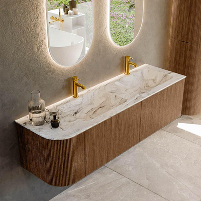 MONDIAZ KURVE-DLUX 155cm Meuble salle de bain avec module 25 G - couleur Walnut - 2 tiroirs - 1 porte - vasque LEAF double / droite - 2 trous de robinet - couleur Glace