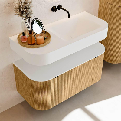 MONDIAZ THOR Meuble de salle de bains 100cm arrondi gauche + droite couleur Oak avec 1 tiroir et 2 portes. Vasque suspendue CLOUD Droite sans trou de robinet couleur Talc.