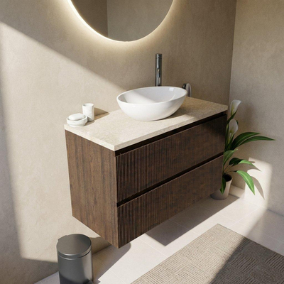 Saniclass Holz Atelier Ensemble de meubles de salle de bains - 100x45x63cm - Plan de travail en pierre naturelle travertin - 1 trou de robinet - 2 tiroirs - chêne charbon mat (bois)