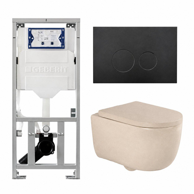 QeramiQ Dely Swirl Toiletset - 36.3x51.7cm - Geberit UP320 inbouwreservoir - met Burda frame - 35mm zitting - mat zwarte bedieningsplaat - ronde knoppen - mat beige