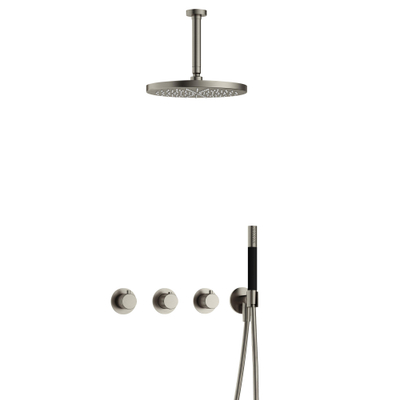 Hotbath Cobber X IBSX70 Set de douche de tête encastrée - pomme de douche 30cm - bras de plafond 15cm - douchette barre 1 jet - nickel brossé