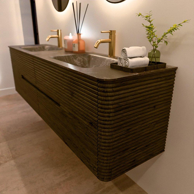 Mondiaz CIRO-DLUX Badkamermeubelset - 180x45x50cm - Solid surface wastafel Lava - 2 wasbak Dubbel - 2 kraangaten - 4 lades - Shadow