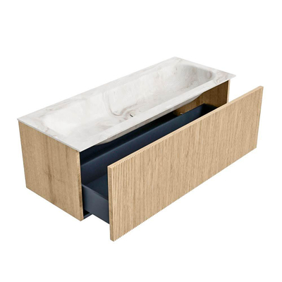 MONDIAZ KURVE-DLUX meuble de salle de bains 120 cm couleur Oak avec 1 tiroir. Lavabo BIG LARGE au milieu 2 trous de robinet couleur Frappe.