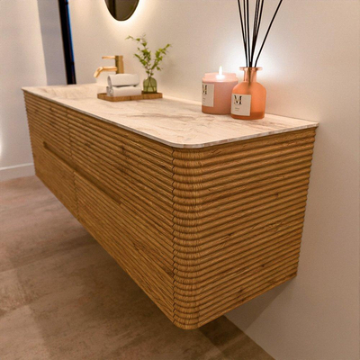 Mondiaz CIRO-DLUX Meuble de salle de bains - 160x45x50cm - Plan-vasque solid surface Frappe - 1 vasque à gauche - 1 trou de robinet - 4 tiroirs - Chêne