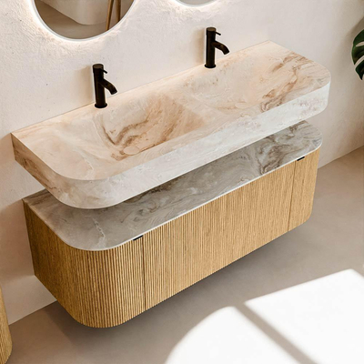 MONDIAZ THOR-DLUX 130cm meuble de salle de bains arrondi gauche + droite couleur Oak avec 1 tiroir et 2 portes. Vasque suspendue CLOUD Double 2 trous de robinet couleur Frappe.