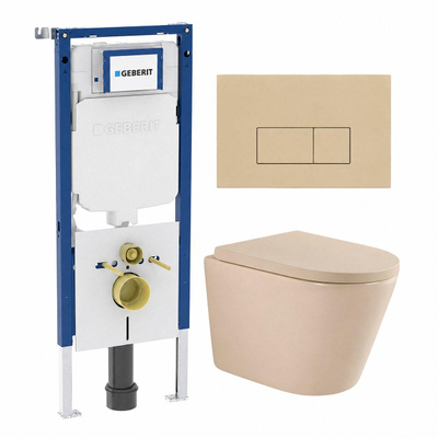 QeramiQ Dely Toiletset - 36.3x51.7cm - diepspoel - rimless - Geberit UP720 inbouwreservoir - softclose toilet zitting - 35mm - bedieningsplaat beige - rechthoekige knoppen - mat beige