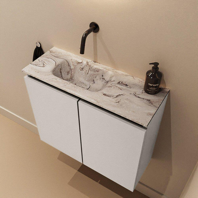 MONDIAZ TURE-DLUX Meuble toilette - 60cm - Linen - EDEN - vasque Glace - position gauche - sans trou de robinet