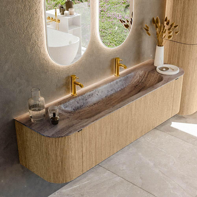 MONDIAZ KURVE-DLUX 170cm badmeubel ronding Links + Rechts kleur Oak met 1 lade en 2 deuren. Wastafel BIG LARGE Midden 2 kraangaten Oza.