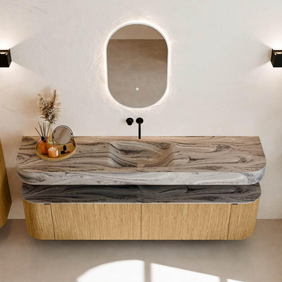 MONDIAZ THOR-DLUX 190cm badmeubel ronding links + rechts kleur Oak met 2 lades en 2 deuren. Vrijhangende wastafel CLOUD Midden zonder kraangat kleur Sombra.