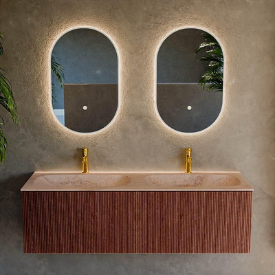 MONDIAZ KURVE-DLUX Meuble de salle de bains 140cm couleur Ruby avec 2 tiroirs et 0 portes. Lavabo STOR SMALL Double 2 trous de robinet Saba.