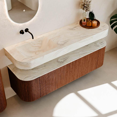 MONDIAZ THOR-DLUX 160cm meuble de salle de bains arrondi gauche + droite couleur Ruby avec 1 tiroir et 2 portes. Vasque suspendue CLOUD Gauche sans trou de robinet couleur Ostra.