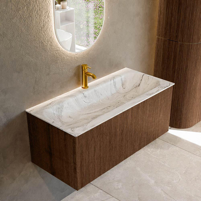 MONDIAZ KURVE-DLUX Meuble de salle de bains 100 cm couleur Walnut avec 1 tiroir. Lavabo BIG MEDIUM centré 1 trou de robinet couleur Glace.