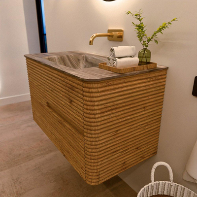 Mondiaz CIRO-DLUX Meuble de salle de bains - 90x45x50cm - Plan vasque solid surface Sombra - 1 vasque au milieu - sans trous de robinet - 2 tiroirs - Chêne