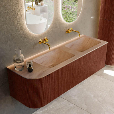 MONDIAZ KURVE-DLUX Meuble de salle de bains 145cm arrondi à gauche couleur Ruby avec 1 tiroir et 1 porte. Vasque LEAF Double / Droite sans trou de robinet Saba.